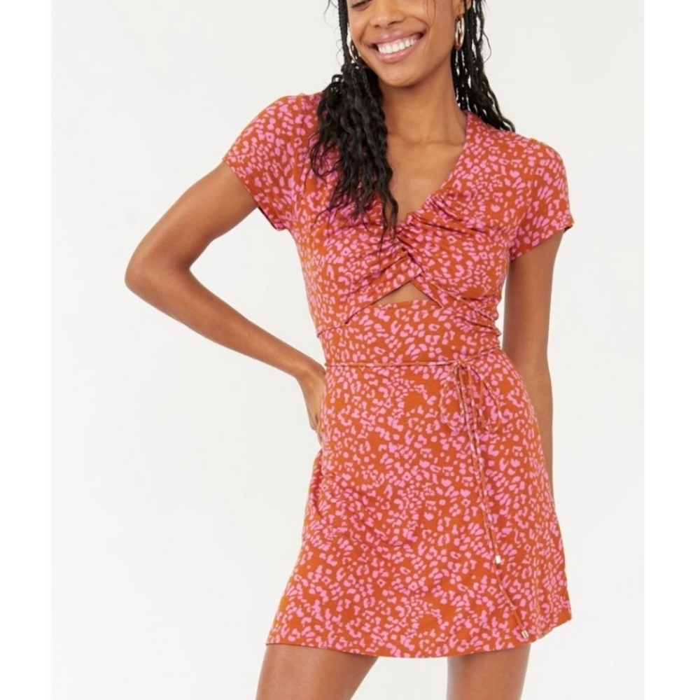 NWT Free People Marsaille Mini Dress Rust Combo Pink Keyhole Short Sleeve